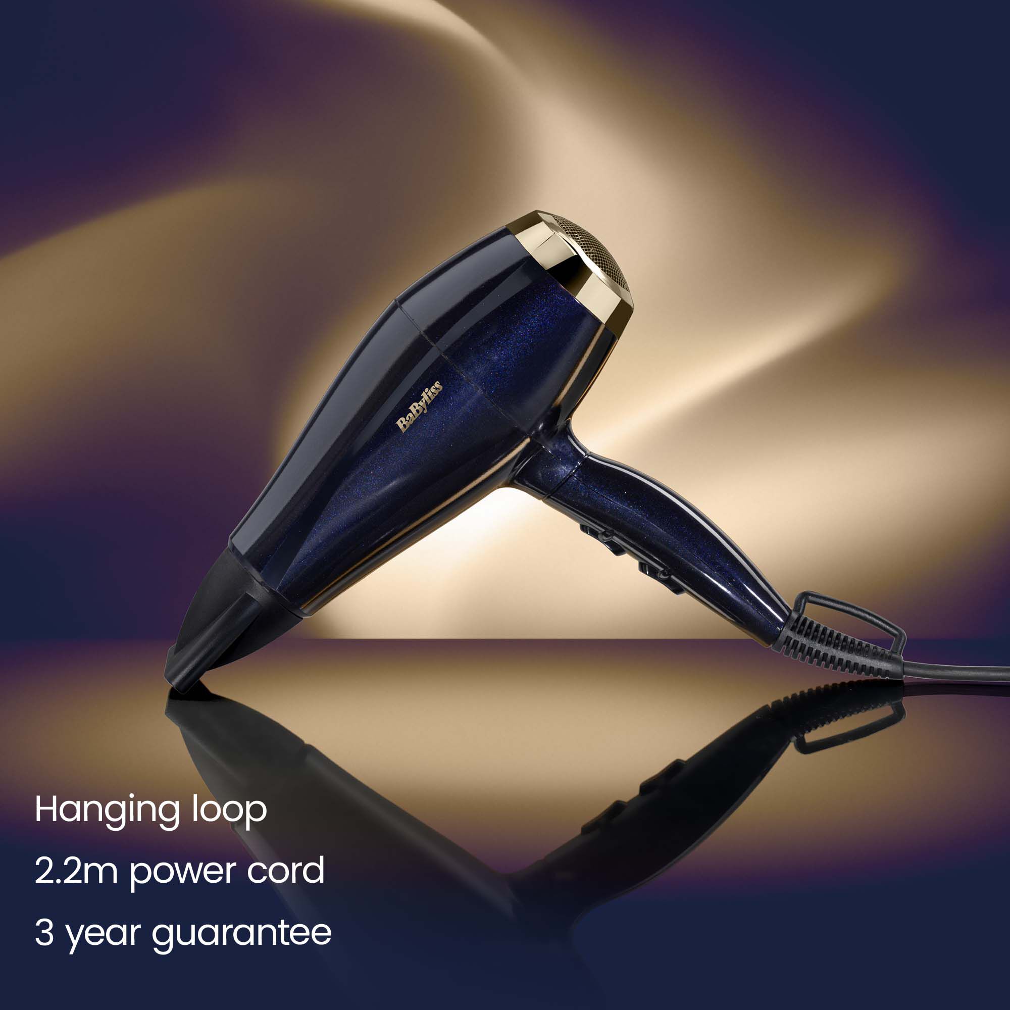 Hanging loop. 2.2m power cord. 3 year guarantee.